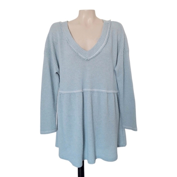 Waffle Knit V Neck Peplum Lake Blue XL Loose Casual - Picture 2 of 5